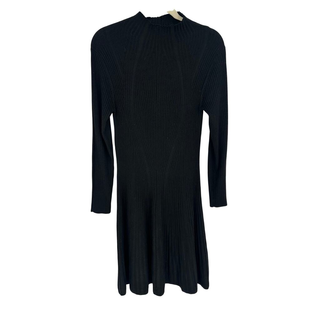 French Connection Sweater Dress L Black Ribbed‎ Long Sleeve Mock Neck A-Line